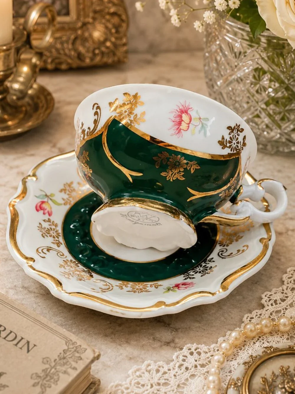 Vintage Bavaria Demitasse Emerald and Gold Hand Painted Teacup and Saucer Set